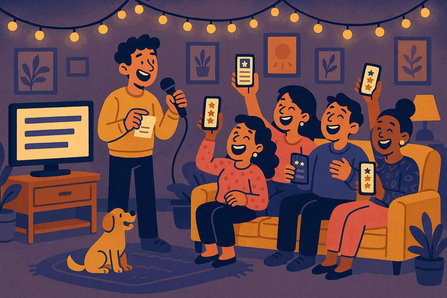 A living-room comedy night — one friend at the mic reading a joke off the TV while the room holds up phone scores